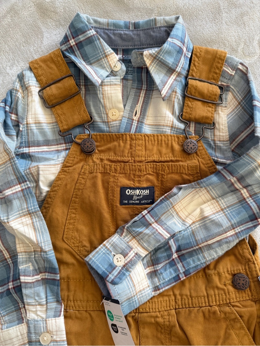 OshKosh B'gosh Boys' Tan Overalls with Blue Plaid Shirt